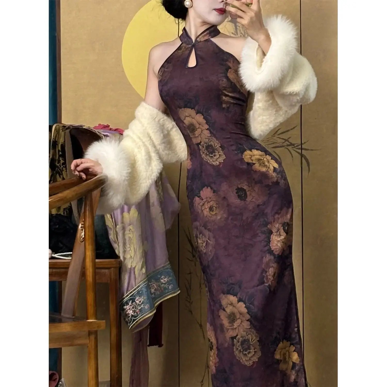 Style High Waist Improved Printed Traditional Slimming Cheongsam Skirt Purple