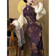 Style High Waist Improved Printed Traditional Slimming Cheongsam Skirt Purple