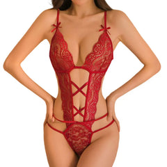 Underwear Teddy Baby Doll Crotchless Red Lace Hollow Backless Lace Hollow Backless Underwear Deep V Open Bra