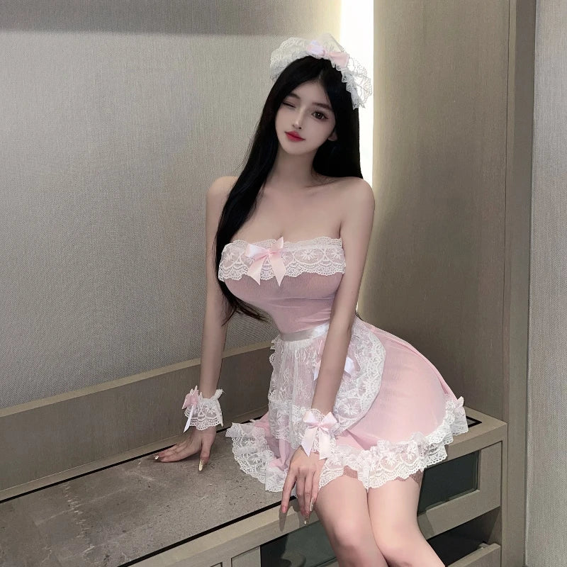 Lingerie Mesh Skirt Perspective Role-playing Maid Outfit Passionate Charm Cute Lace Apron Bow Home Pajamas
