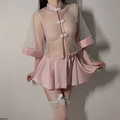 Retro Cheongsam Outfits Perspective Top Pleated Skirt Sleepwear Lingerie Antique Traditional Uniform