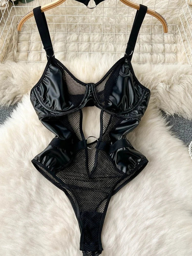 Black Patent Leather Bodysuits Adjustable Buckle Neckline Lace-up Side Waist Form Fitting