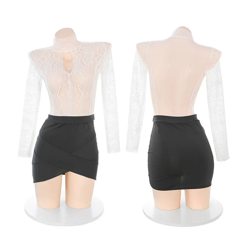 Role Play Secretary Lace Perspective Costume Office Temptation Hollow Long Sleeves Top Wrap Hip Short Skirt