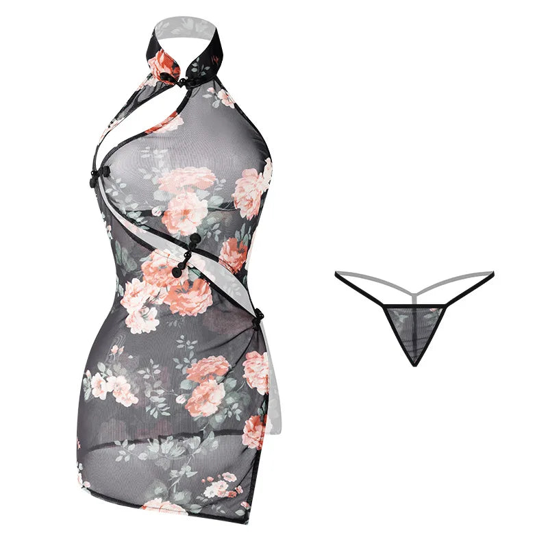 Perspective Retro Cheongsam Print Slit Skirt Traditional Improved Erotic Exotic Charm Costumes
