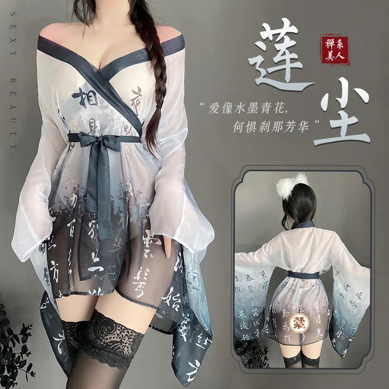 See Through Porno Kimono Lingerie Perspective Bathrobe Pajama Temptation Nightwear Long Sleeve Robes Mesh Nightgown