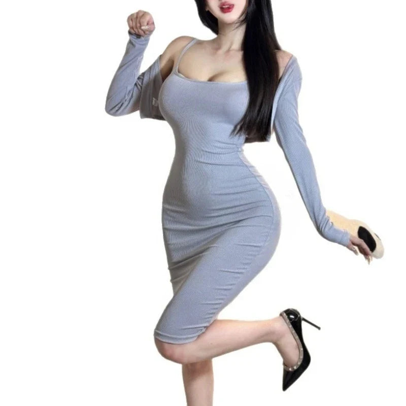 Wrap Hip Skirt Tight Sling Long Sleeves Outer Set
