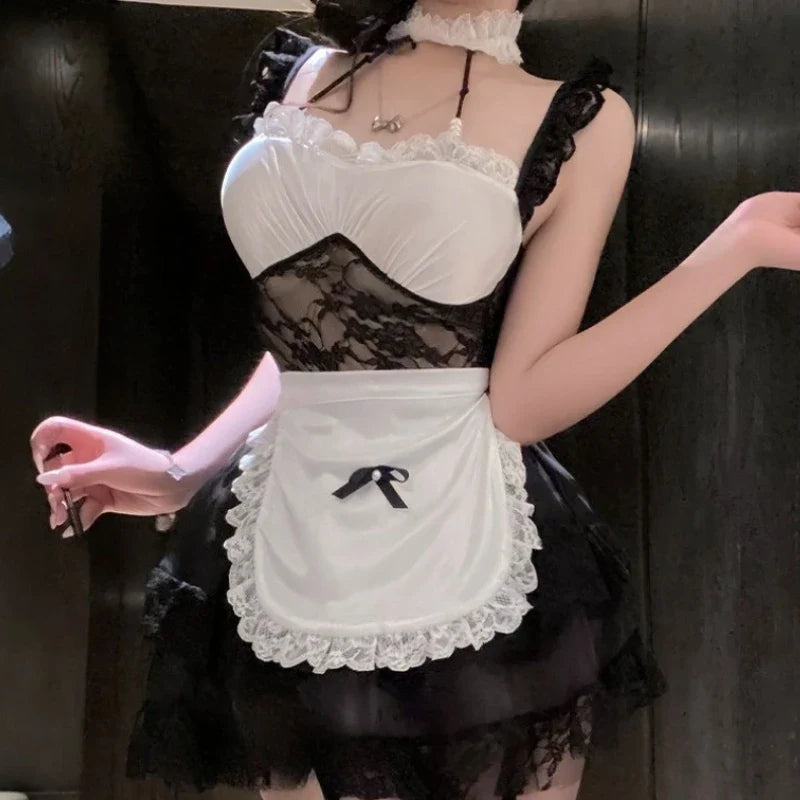 Maid Temptation Roleplay Seductive Lolita Lace Nightgown See-through Pajamas Servant Cosplay Costumes Home