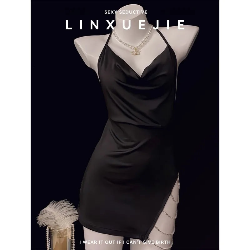 Lingerie Chain Side Beauty Back NightNightclub Thin V-neck Lace Straps Slits Open Back Home Sleepwear