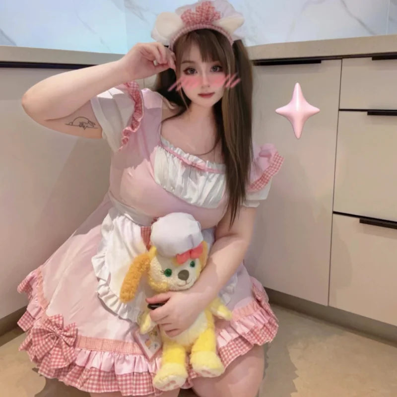 Sweet Maid Cat Halloween Waitress Role Play Kawaii Plus Size Party Black White Plaid Lolita Princess COS