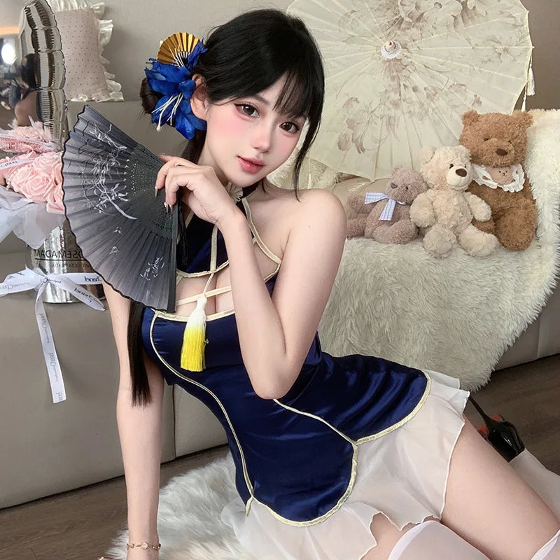 Erotic Ancient Cheongsam Cosplay Traditional Improved Hollow Tassel Couples Flirting Pajamas