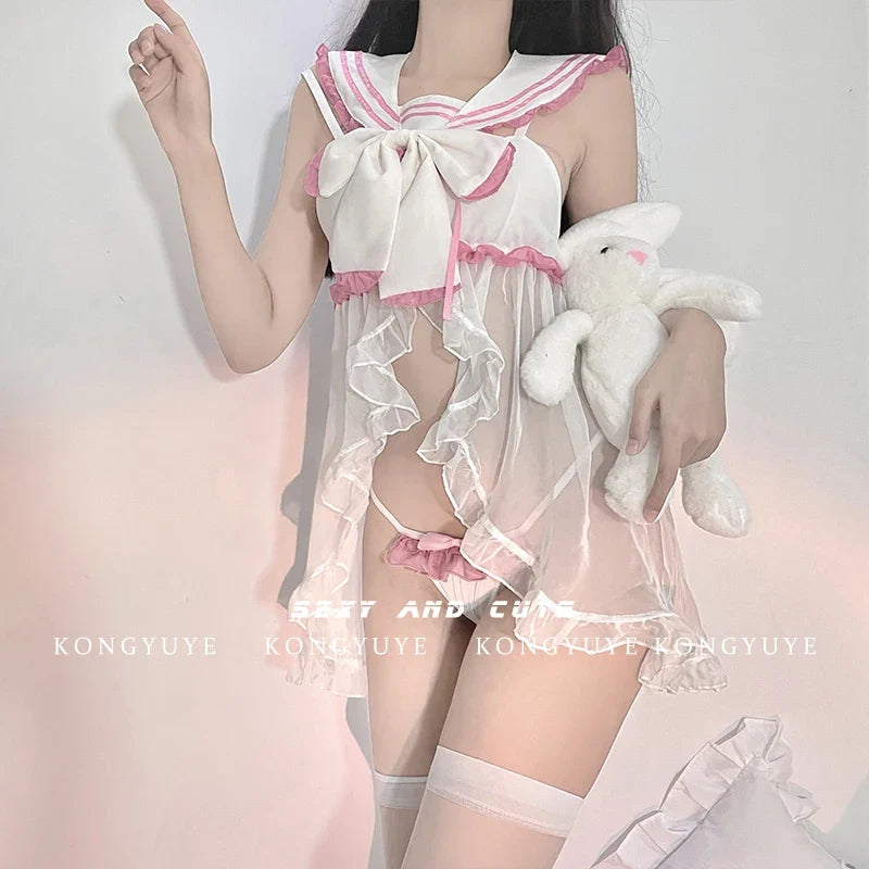 Lolita Bow NightCosplay Maid Suit Kawaii Temptation Lace Pajamas Sailor Collar Student Sensual Lingerie Woman