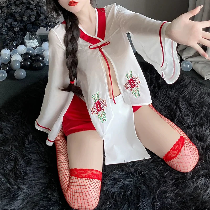 Chiffon Embroidery Kimono Hot Temptation Erotic Underwear Suit Cosplay Top Skirt Panties