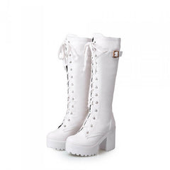 Square Lacing Knee High Heel Boots