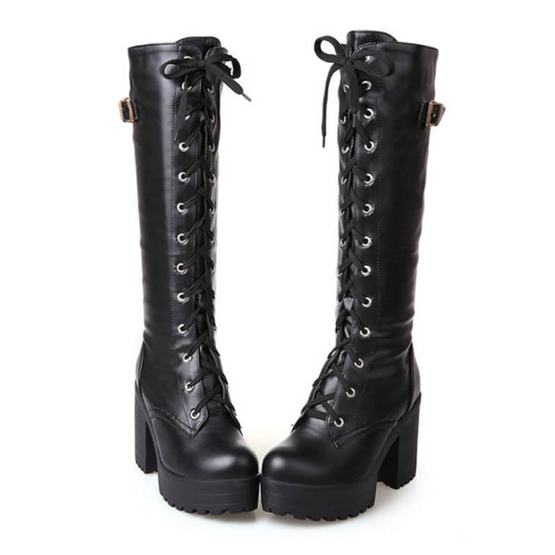 Square Lacing Knee High Heel Boots