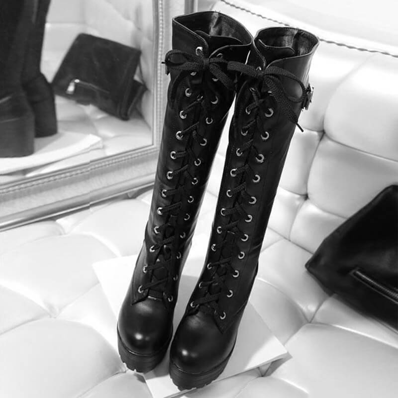 Square Lacing Knee High Heel Boots