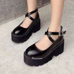 Student Platform Heels Ankle Strap Pumps