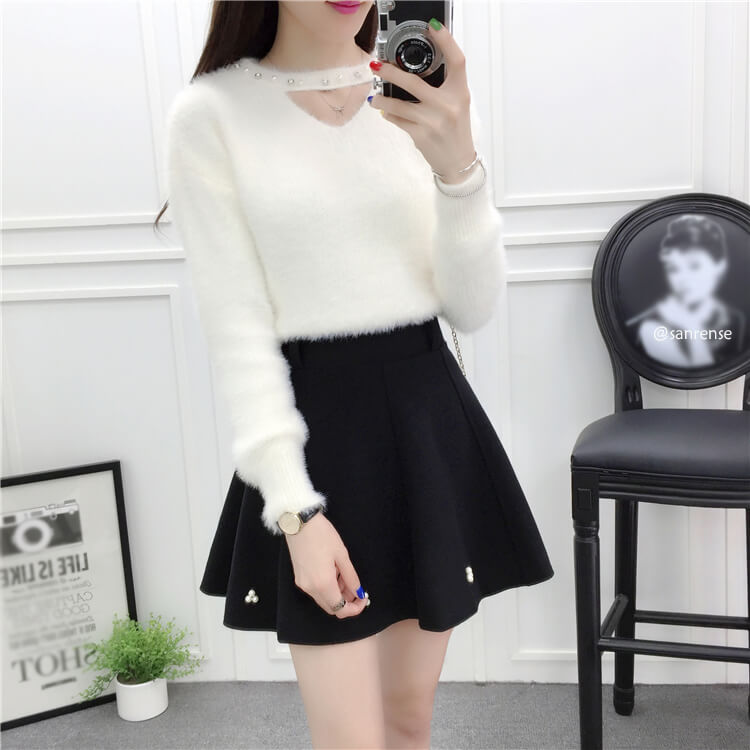 Sweet Mohair Sweater Woolen Skirt Set