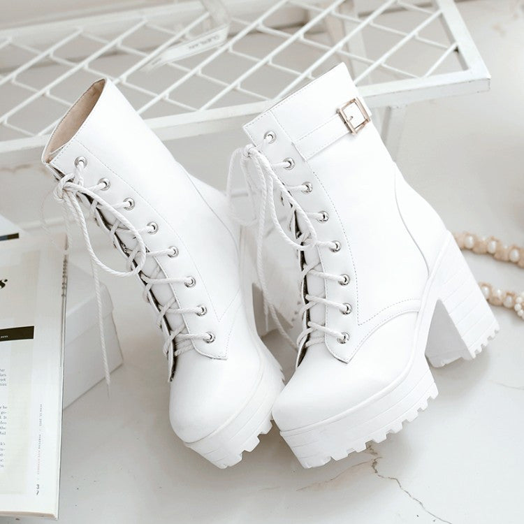 Black White Lace up Boots