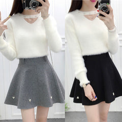 Sweet Mohair Sweater Woolen Skirt Set