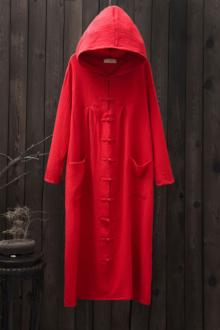 Women Hooded Cotton Dress Coat Casual Loose Robes Long Sleeves Cardigan Dress