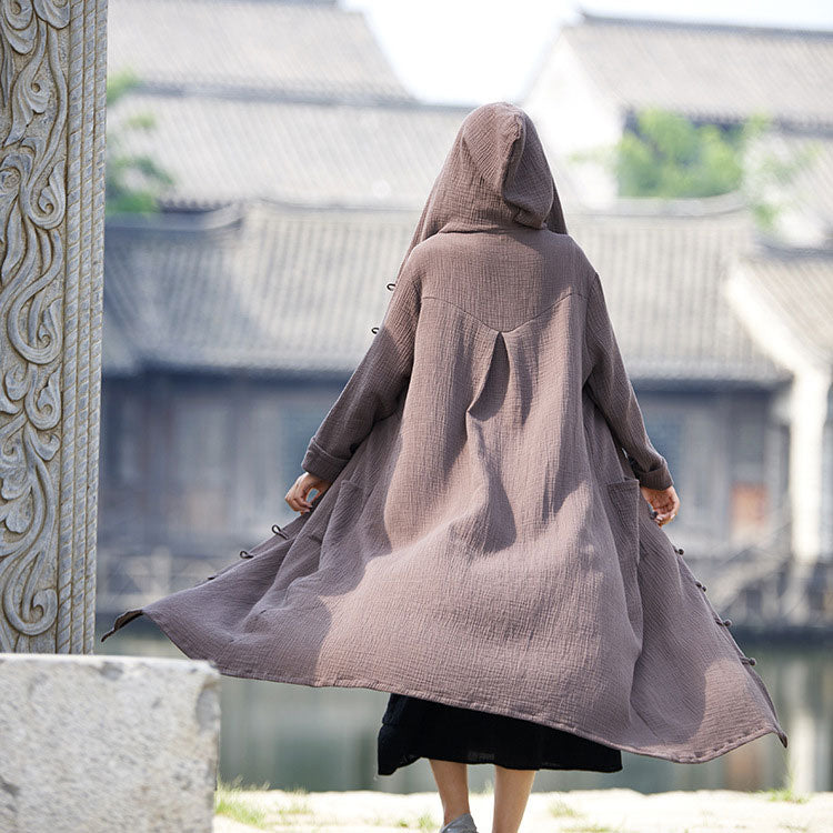 Women Hooded Cotton Dress Coat Casual Loose Robes Long Sleeves Cardigan Dress