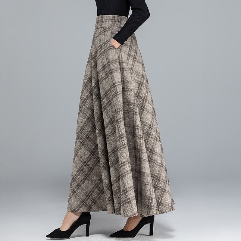 Woolen Plaid Long Skirt