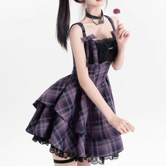 Lace Bow Purple Plaid Dress Set