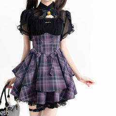 Lace Bow Purple Plaid Dress Set