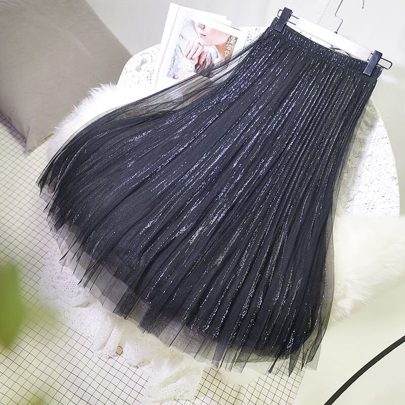 Japanese Sequin Mesh Pleated Skirt