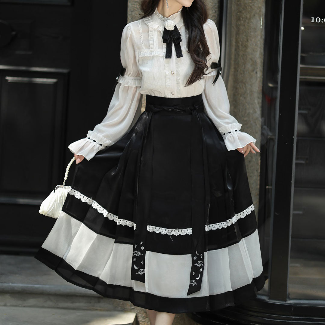 Floral White Shirt Black Bow Skirt Set