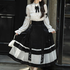 Floral White Shirt Black Bow Skirt Set