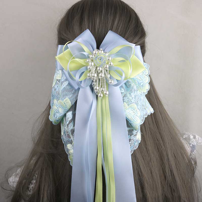 Blue Flower Long Tail Bow Hair Pin