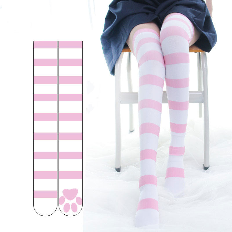 Lolita Over Knee Socks Strip Kawaii Cat Paw JK Stockings