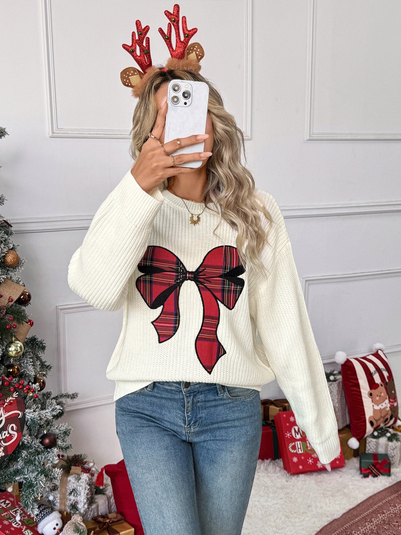 Christmas Bow Plaid Sweater