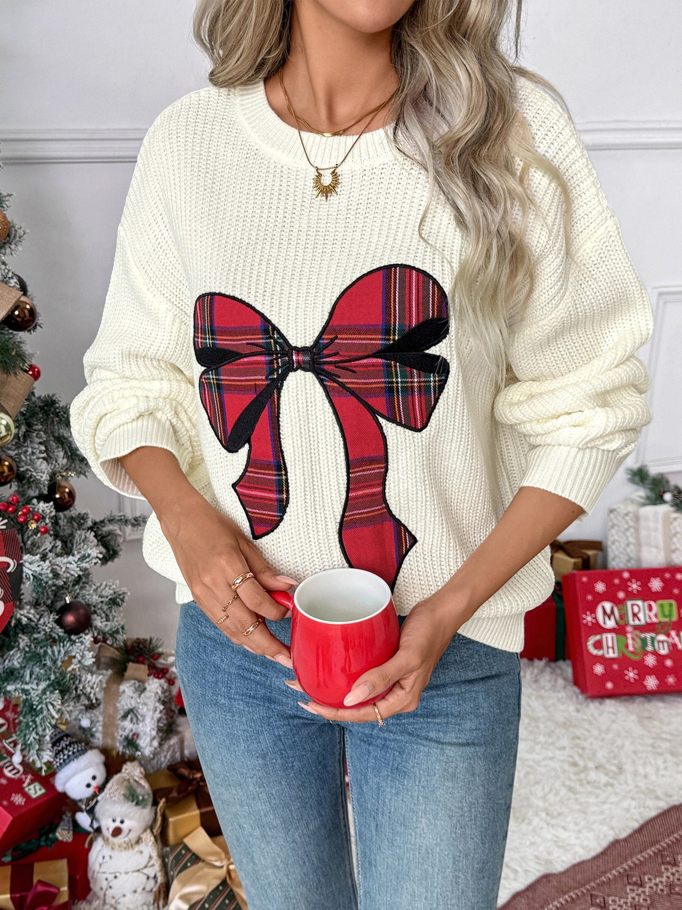 Christmas Bow Plaid Sweater