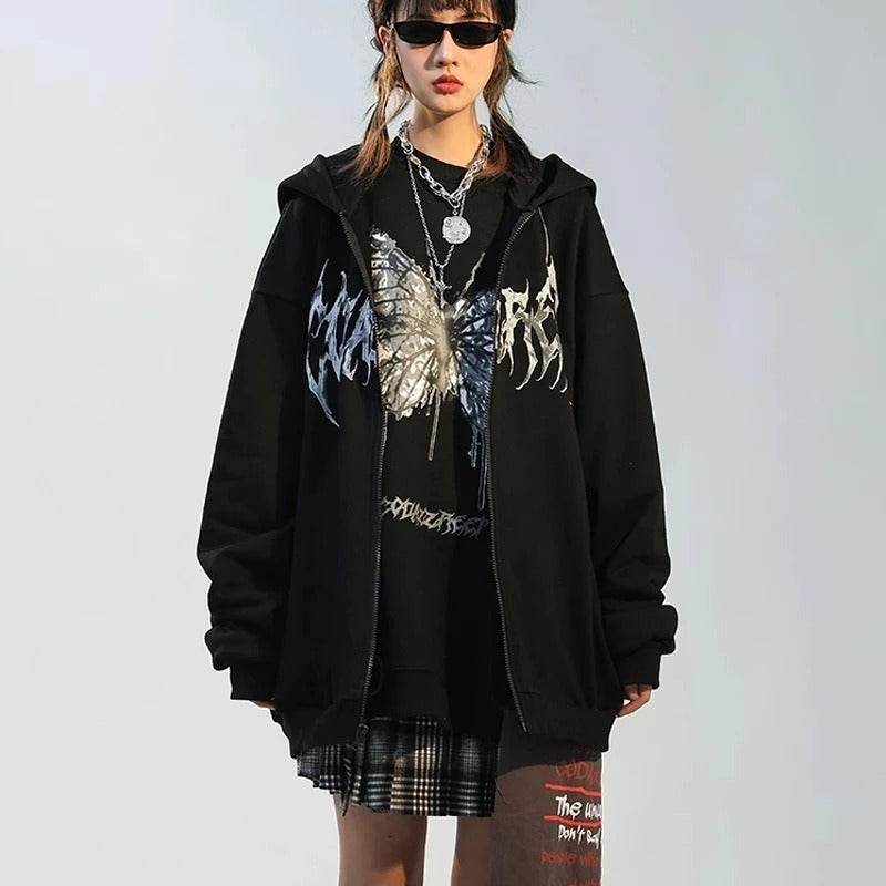 Y2k Hoodie Gothic Butterfly Zip Sweatshirt
