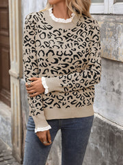 Lace Round Neck Leopard Print Sweater