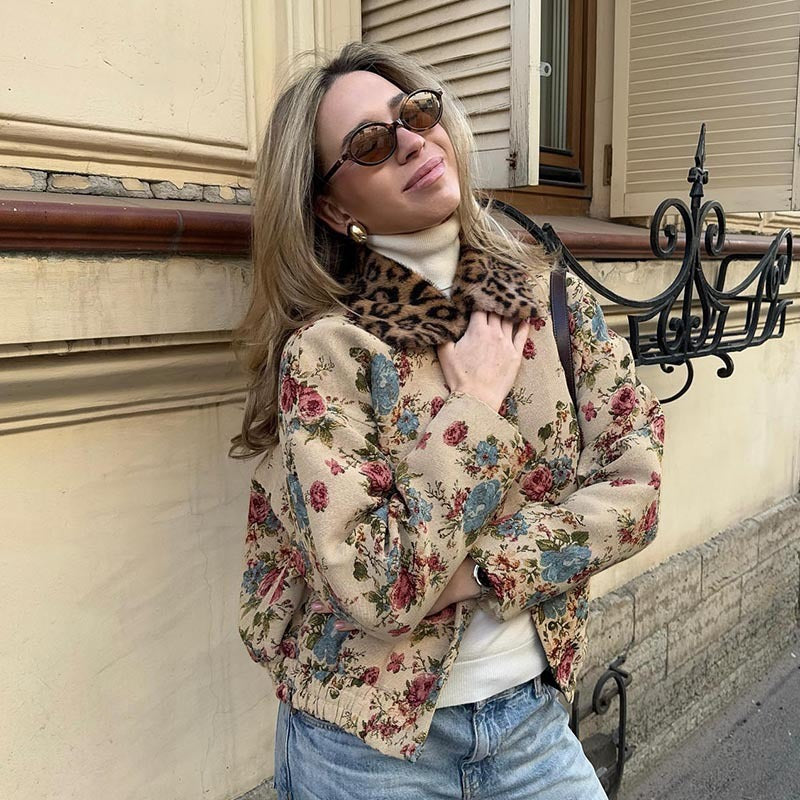 Fur Collar Patchwork Jacquard Long-Sleeved Button Cardigan Jacket