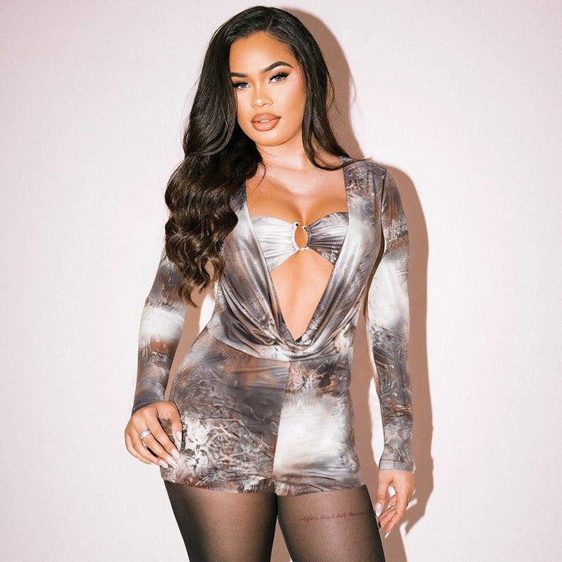 Printed Two-piece Long-Sleeved Jumpsuit