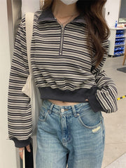 Half-Zip Striped Cropped Pullover Sweatshirt