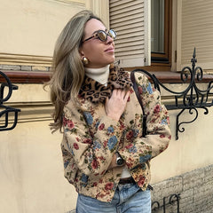 Fur Collar Patchwork Jacquard Long-Sleeved Button Cardigan Jacket