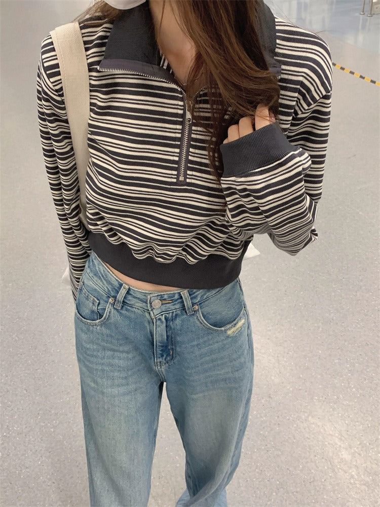 Half-Zip Striped Cropped Pullover Sweatshirt