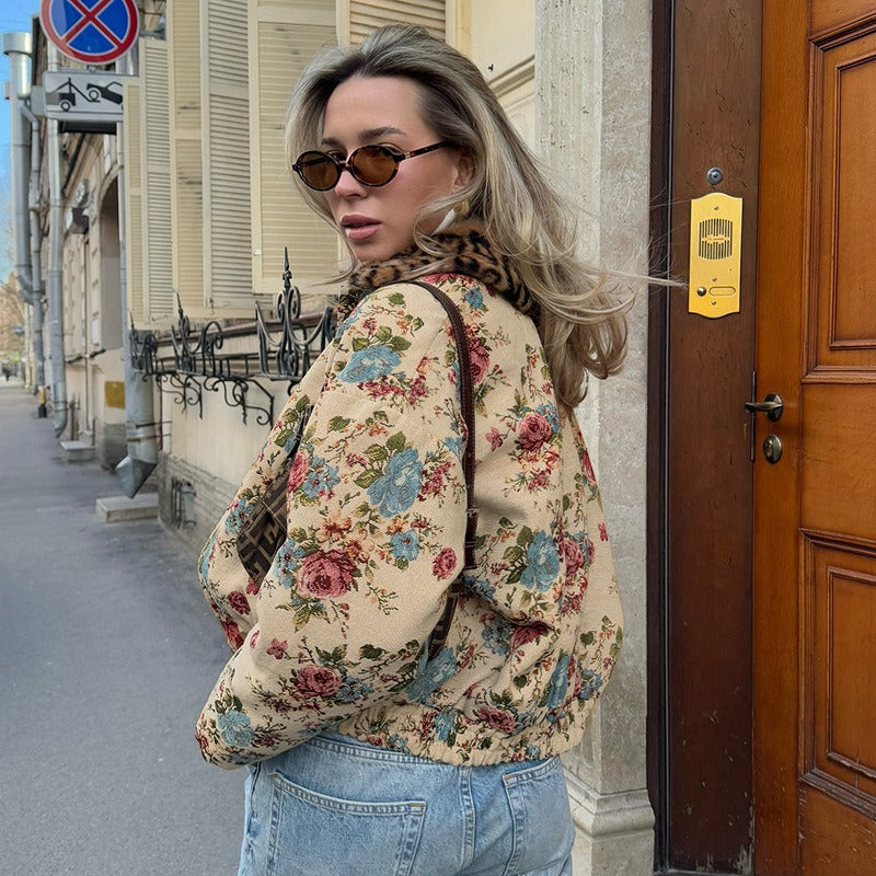 Fur Collar Patchwork Jacquard Long-Sleeved Button Cardigan Jacket