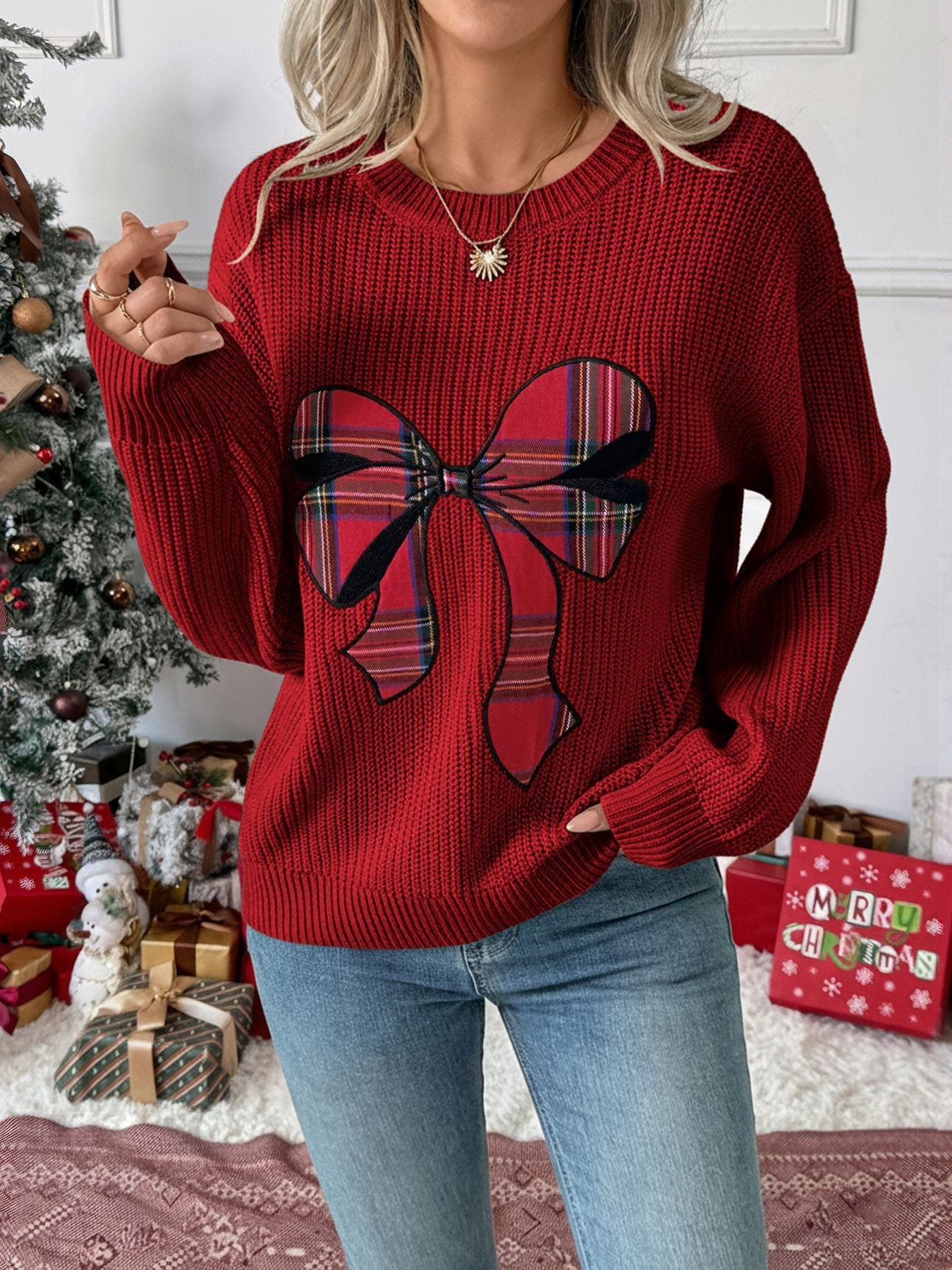 Christmas Bow Plaid Sweater