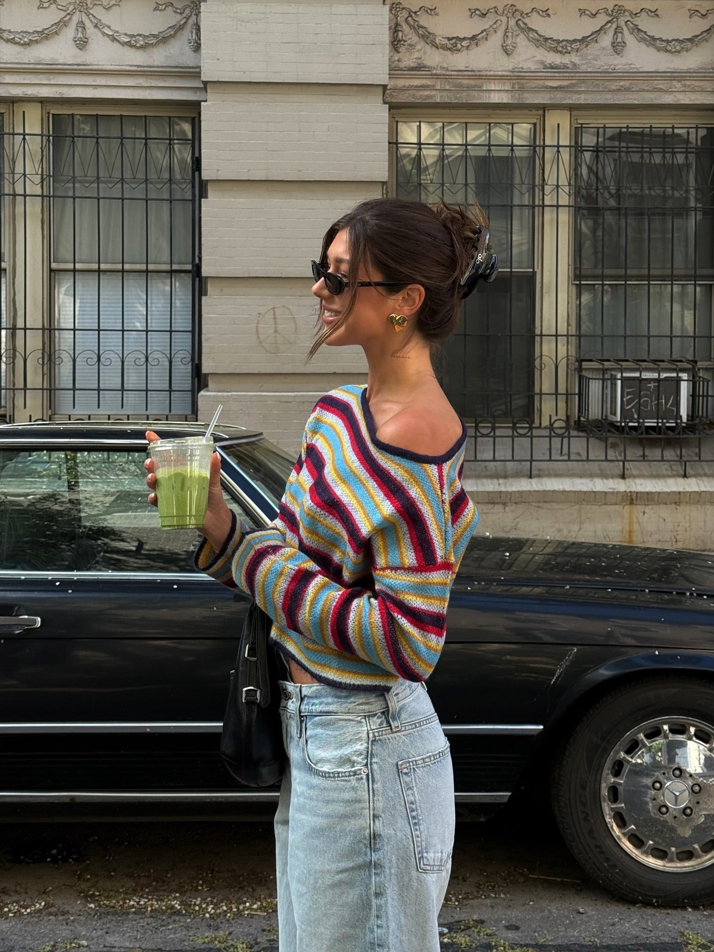 Colorful Striped Off-The-Shoulder Long-Sleeved Top