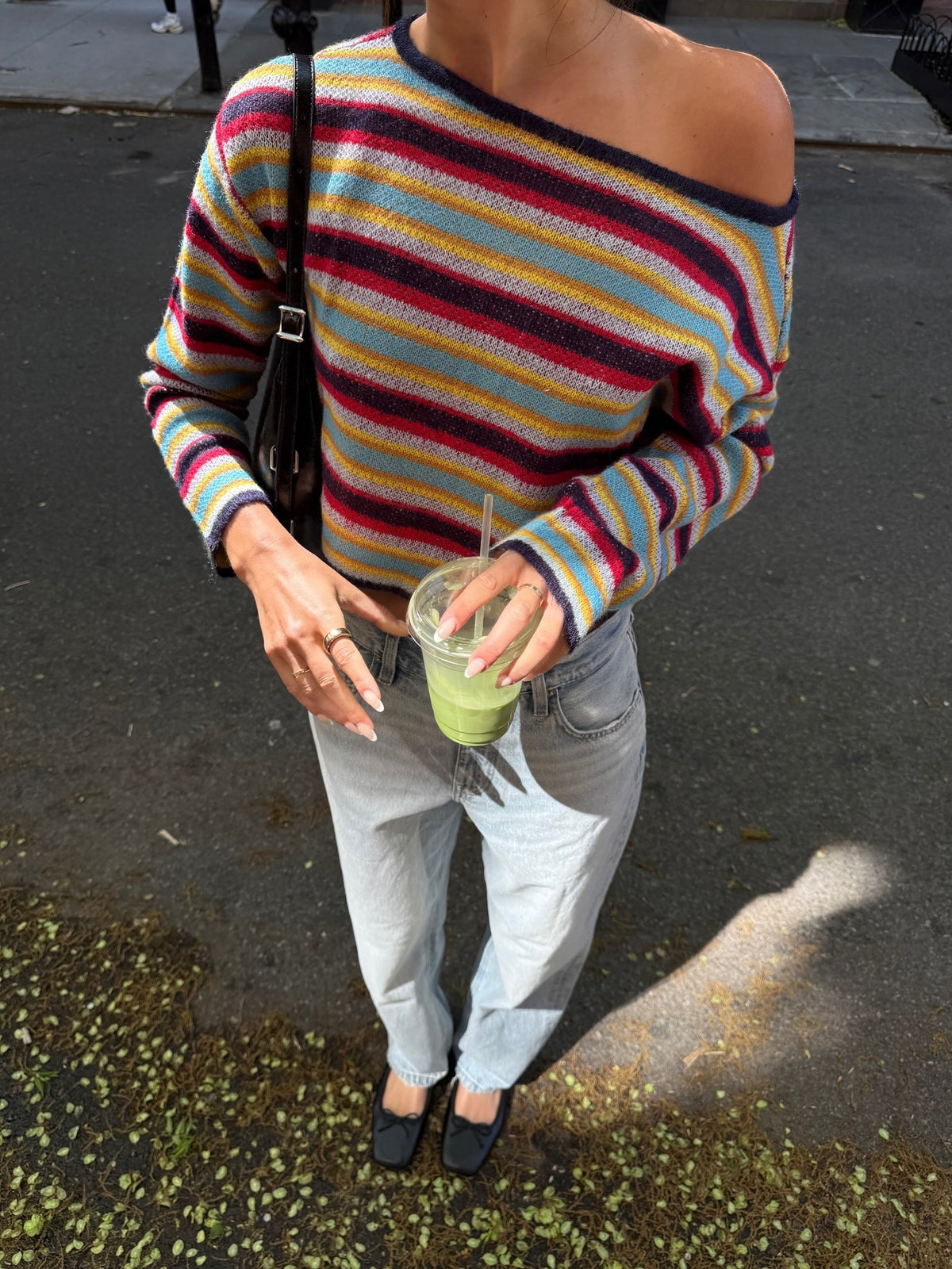 Colorful Striped Off-The-Shoulder Long-Sleeved Top