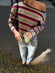 Colorful Striped Off-The-Shoulder Long-Sleeved Top