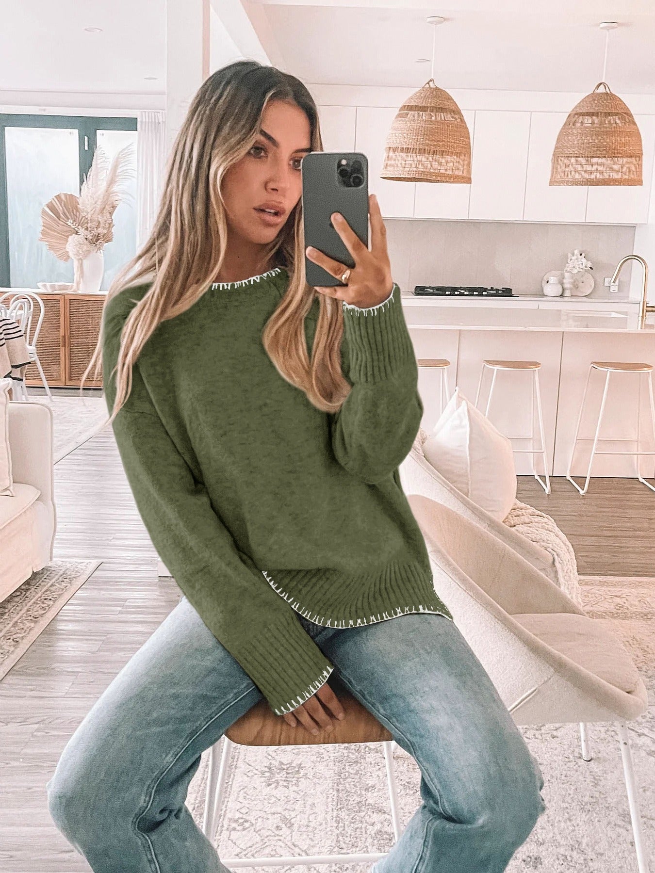 Crew Neck Slit Pullover Sweater