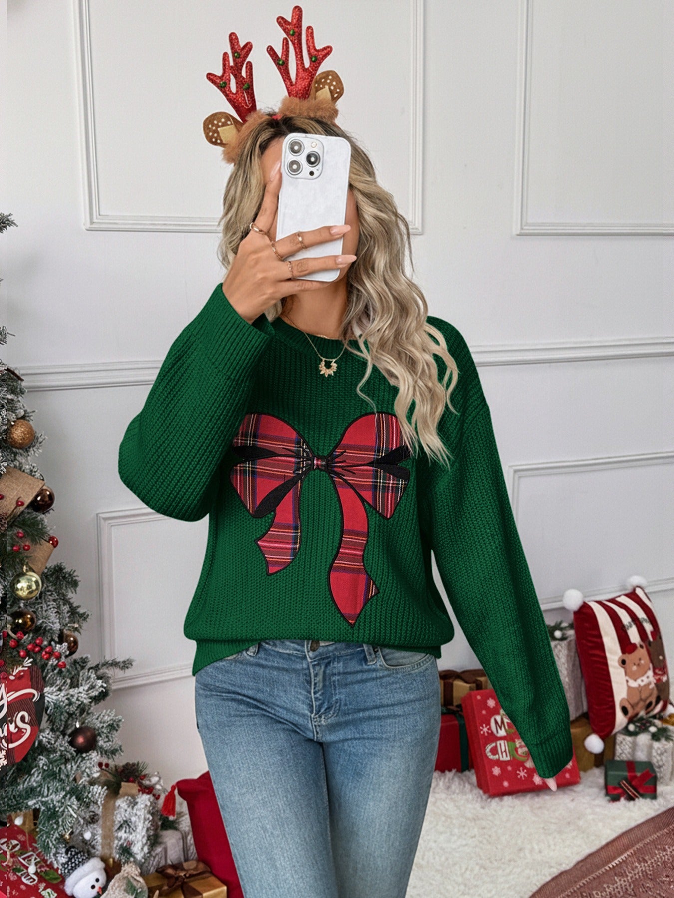 Christmas Bow Plaid Sweater