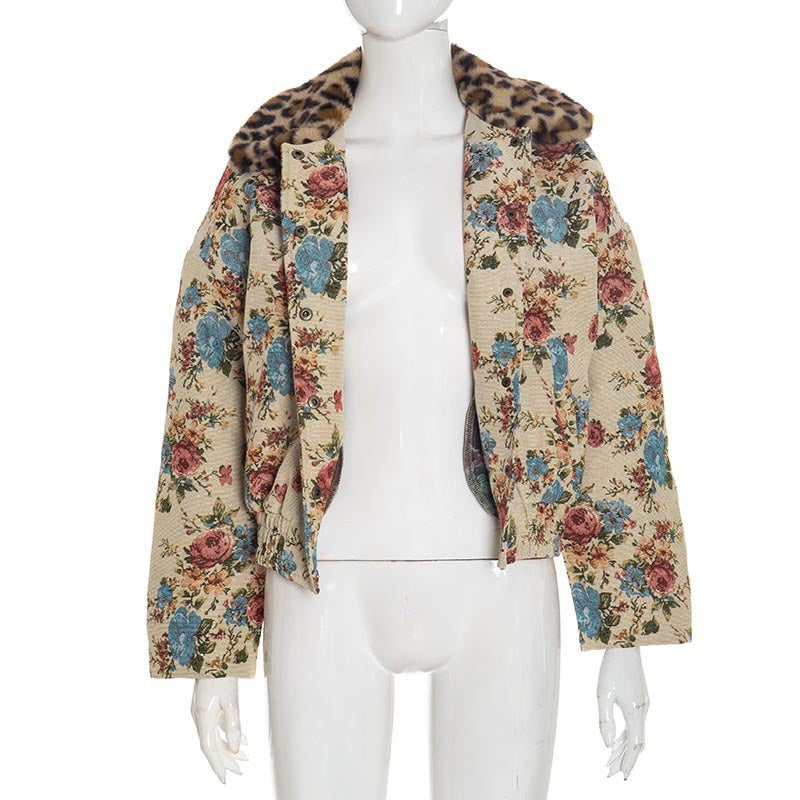 Fur Collar Patchwork Jacquard Long-Sleeved Button Cardigan Jacket